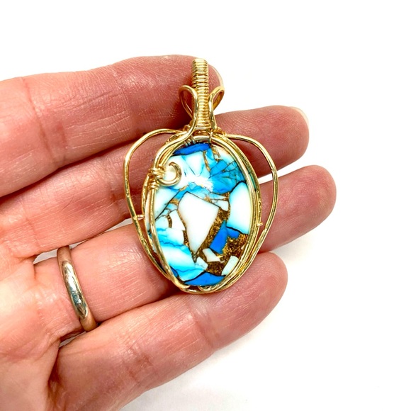 HANDCRAFTED Blue Dahlia Cabochon Hand Wrapped Pendant, Artisan Jewelry Gift Her - Picture 3 of 9